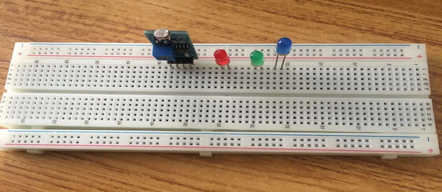 Blue LED fixed on breadboard